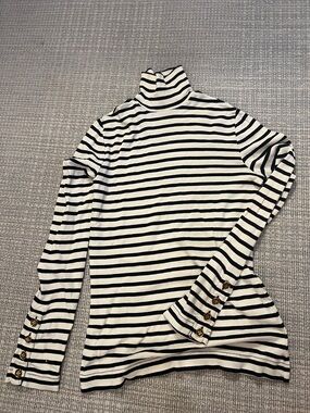 Tory Burch Black & White Striped Turtleneck Long Sleeve Top